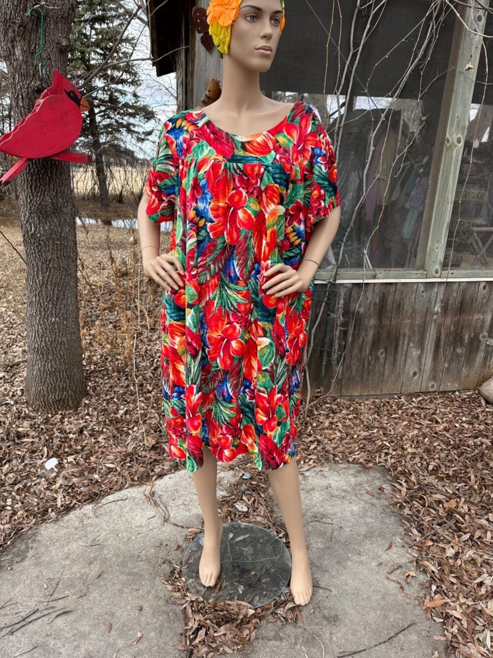 Vintage Velvet Velour Tropical Floral Muumuu Kaftan Dress Waist 68”